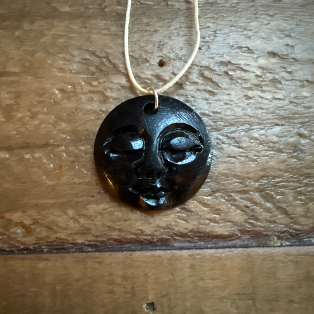 NIB Black Carved Face MOON Pendant Necklace